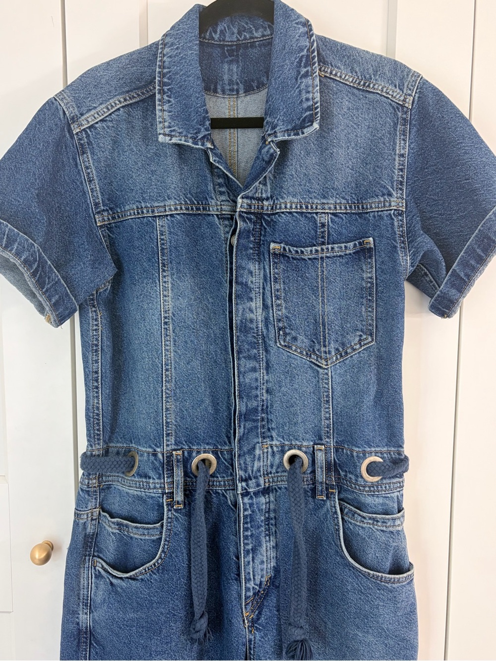Free People We The Free Edison Coverall Blue Wide-Leg Denim Jumpsuit | M - Picture 4 of 7